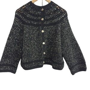 Vintage Black Metallic Knit Cardigan Sweater Button Front Long Sleeve